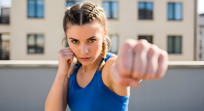 Woman in blue tank top throwing punch outdoors in city determined expression on face strong and fierce
