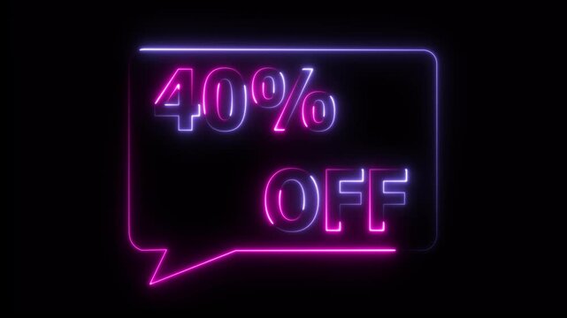 40% percent OFF text icon animation glowing neon pink and blue color price tag special offer business banner sign clip art template signboard poster shop store discount sign symbol 4k video animation
