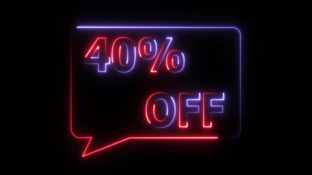 40% percent OFF text icon animation glowing neon pink and blue color price tag special offer business banner sign clip art template signboard poster shop store discount sign symbol 4k video animation