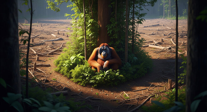 Orangutan in Deforestation: A lone orangutan sits dejectedly amidst the aftermath of deforestation, representing the loss of habitat and the environmental impacts.