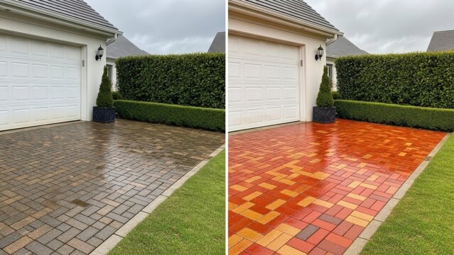 Clean driveway before and after pressure washing showing stone pavement restoration and home exterior improvement service