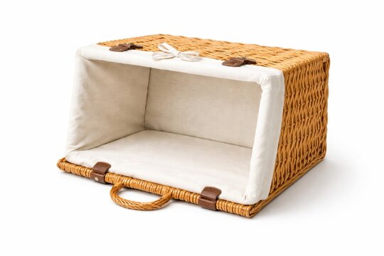 Wicker basket on side opening toward camera lined with white cloth creating empty interior mockup space high key studio photo