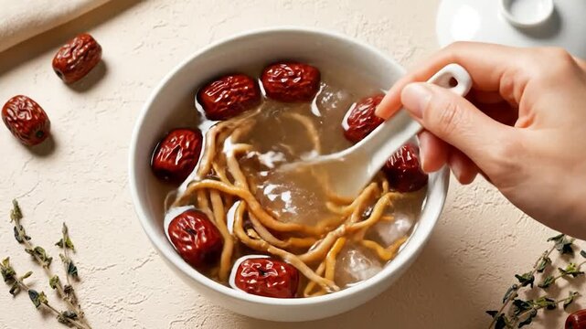 A white bowl of soup with red dates and noodles, held by a hand with a spoon