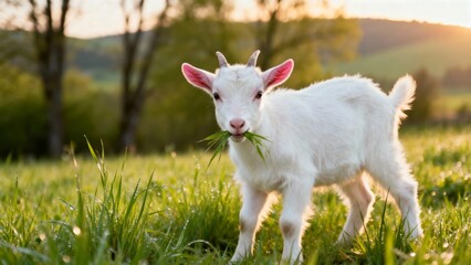 Obraz premium Adorable Baby Goat Grazing in Green Meadow at Sunset