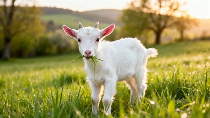 Obraz premium Cute Baby Goat Standing in Lush Field During Golden Hour
