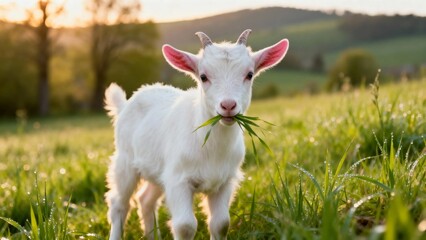 Obraz premium Small White Goat Kid in Natural Countryside Landscape