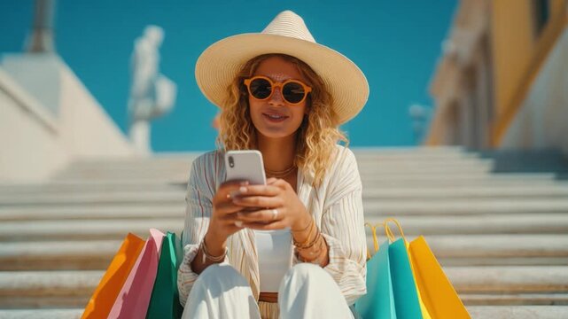 Sunshine Shopping Spree: A radiant individual, adorned with a stylish hat and shades, engrossed in their smartphone while seated on a sun-drenched staircase surrounded by vibrant shopping bags.