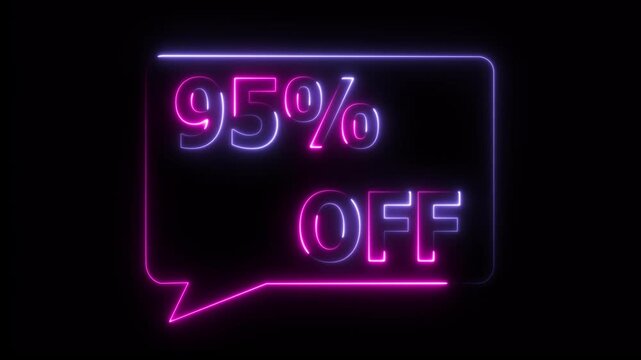 95% percent OFF text icon animation glowing neon pink and blue color price tag special offer business banner sign clip art template signboard poster shop store discount sign symbol 4k video animation