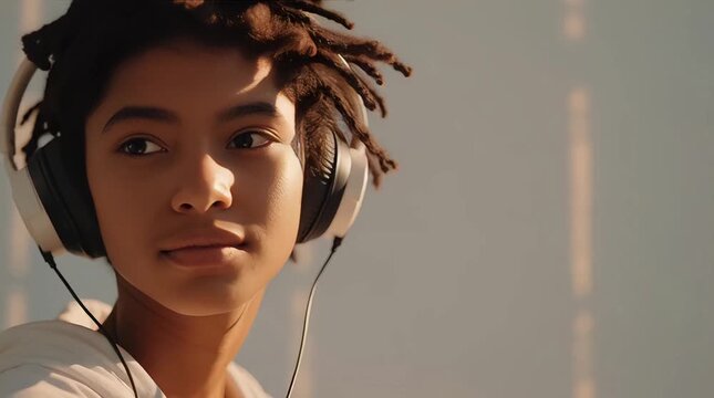 a young Black man with short, curly hair wearing white over-ear headphones, eyes closed, listening to music, against a blurred light background