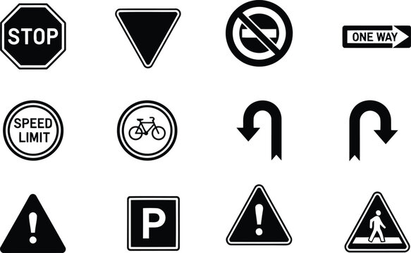 A set of black and white icons illustrating common traffic signs for road safety and navigation