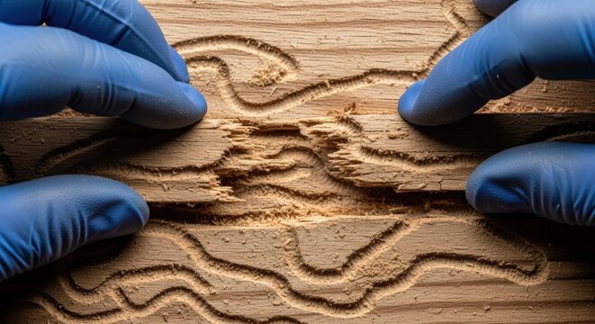 Blue gloved hands pointing to tunnels and grooves in infested wood showing termite damage