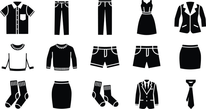 A comprehensive collection of black silhouette icons representing various clothing items