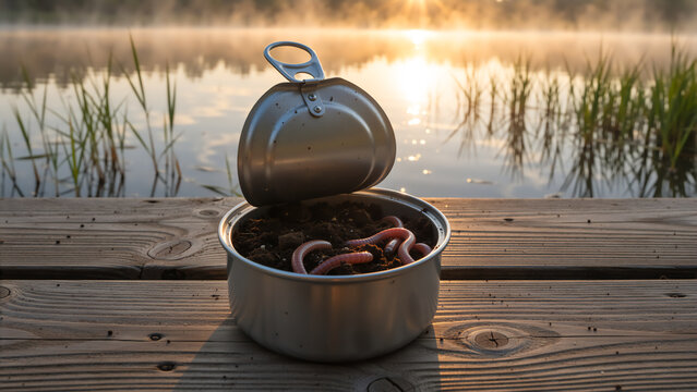 Open metal can filled with soil and earthworms on a wooden dock. Fishing bait at sunrise over a misty lake