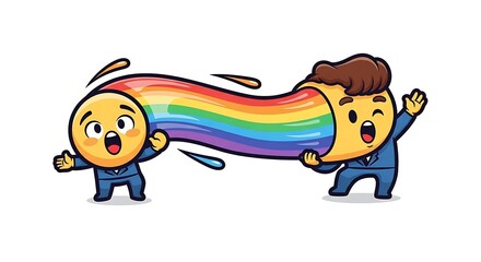Two cartoon business characters exchanging a vibrant rainbow stream, symbolizing communication and creativity.