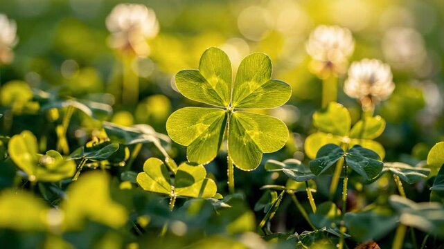 Isolated four leaf clover clearly standing out among three leaf plants in high contrast depth of field highlighting its rarity and luck lush foliage, three leaf plants, deep focus