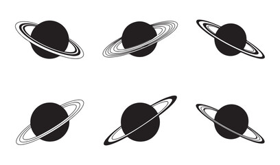 Minimalist saturn icons set featuring solid black spheres and stylish white line rings in vector © Mojnur
