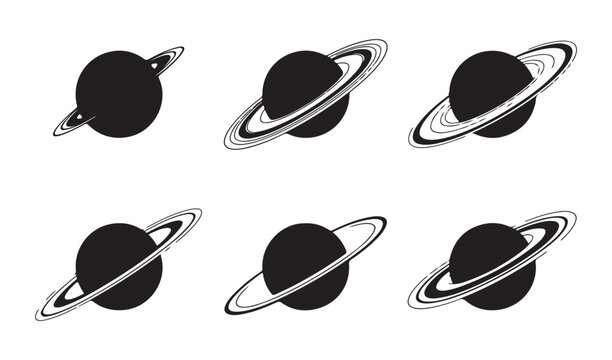 Cosmic saturn planet silhouettes with varied orbital ring thickness for astronomy theme illustrations