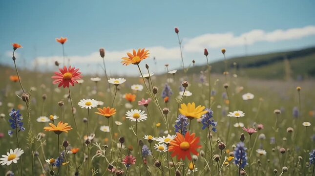 a meadow filled with colorful wildflowers, including red, orange, and white daisies, against a backdrop of green grass and a clear blue sky