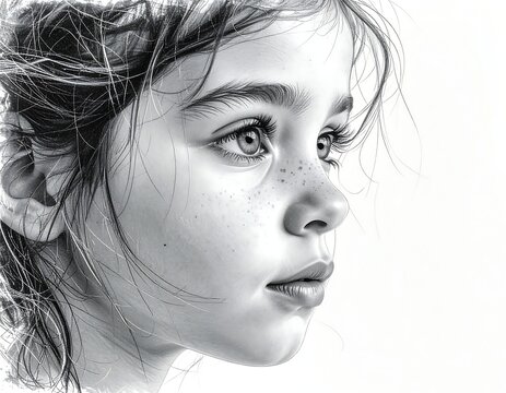 A young girl's contemplative grayscale portrait