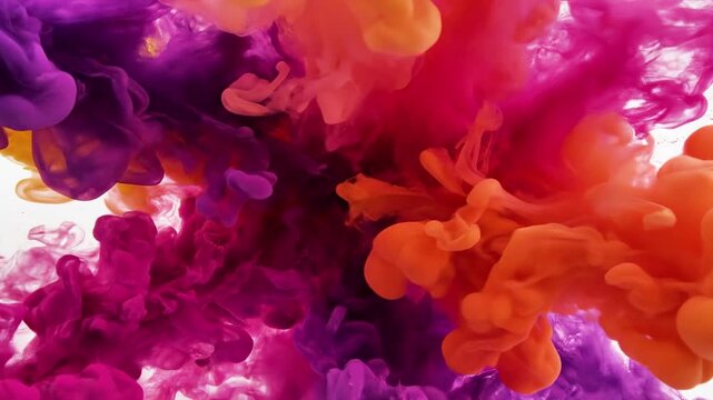 A vibrant explosion of colorful paint or ink in shades of pink, purple, orange, and yellow, swirling and mixing in mid-air against a white background