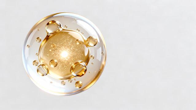 Abstract golden sphere with floating bubbles and droplets on a white background, evoking luxury, science, or cosmetic product concepts.