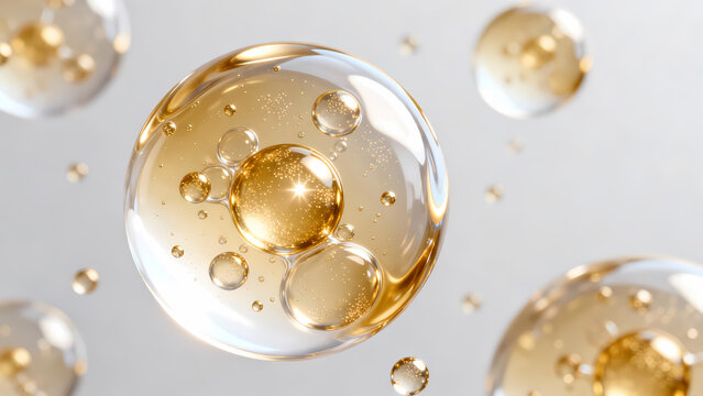 Macro photograph of transparent golden liquid bubbles with inner structures, showcasing skincare or cosmetic product ingredients. Highlights beauty, wellness, and scientific fluid dynamics.