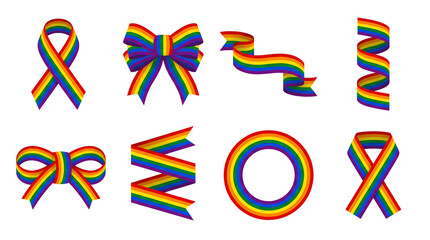 Rainbow ribbon set including bow, swirl, wave, and circular shapes isolated. Pride month celebration and lgbtq awareness collection.