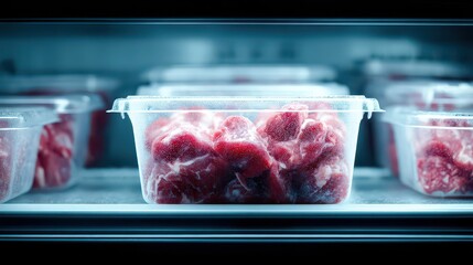 Close up of Fresh Red Meat Cuts in Clear Plastic Containers inside Refrigerator Shelf at Store under Blue Lighting