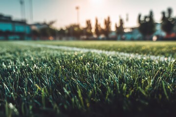 Close Up of Green Artificial Turf with White Lines in Sunny Outdoor Setting Field View with Building and Blurred Trees in Background