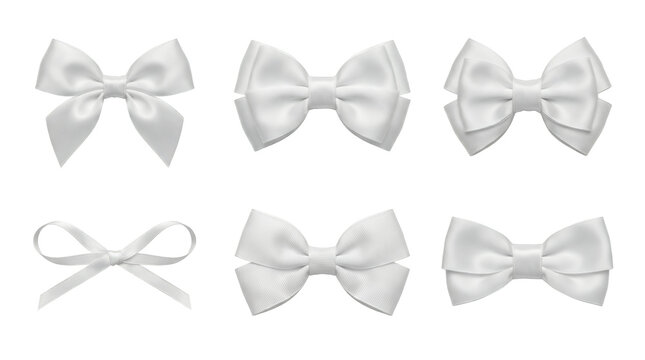 White satin and grosgrain ribbon bow set including classic, double loop, thin tie, and layered styles isolated. Gift wrapping and holiday decoration collection.