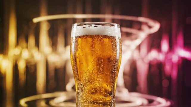 Isolated glass of golden craft beverage sitting still while vibrant abstract energy graphics smoothly transition and pulse in the vertical blurred background clean, digital display, modern