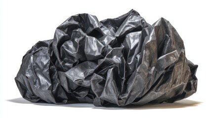 Crumpled Black Shiny Plastic Bag on White Background Dramatic Shadow Glossy Texture Abstract Shape Still Life Dark Material Gloomy Isolated