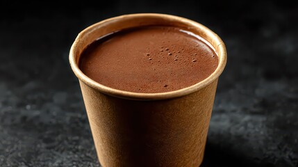 Dark Chocolate Drink in Paper Cup Against Black Surface Still Life