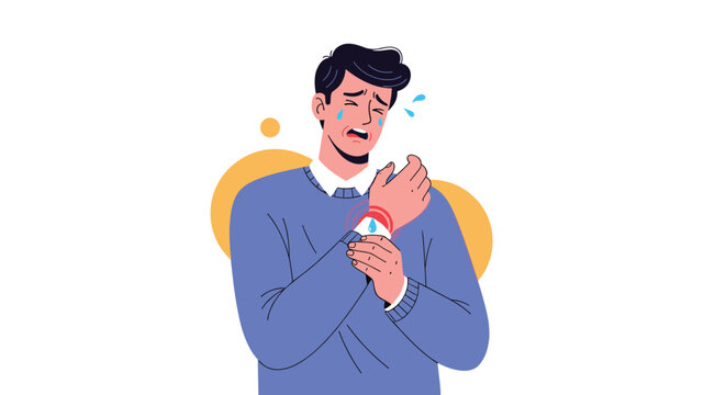 Young man crying in pain while holding his injured wrist, suffering from a sprain, carpal tunnel syndrome, or joint inflammation.