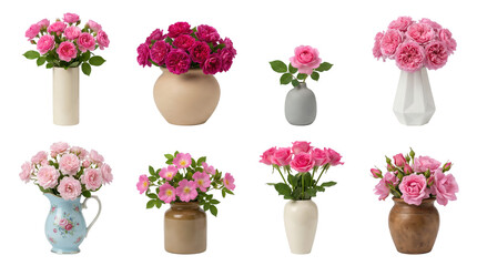 Obraz premium Pink rose bouquet set including various ceramic vases, pottery jars, and floral arrangements isolated. Decorative botanical and interior design collection.