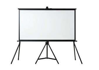 Blank white projection screen on tripod stand against black background