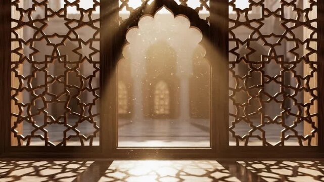 Majestic Golden 4K Seamless Loop of Mosque Interior Architecture with Sunbeams and Islamic Geometric Patterns