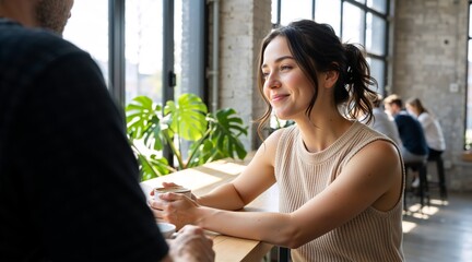 Young woman smiling at a man in a bright cafe. Over the shoulder shot of a couple having a conversation over coffee. Social interaction and dating concept in a modern coffee shop