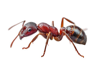 Close-up of a red ant, highlighting its segmented body on a black background