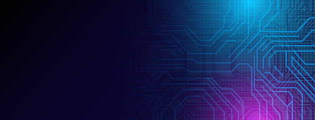 Futuristic Digital Circuit Banner with Blue and Purple Gradient for Technology and Innovation Themes