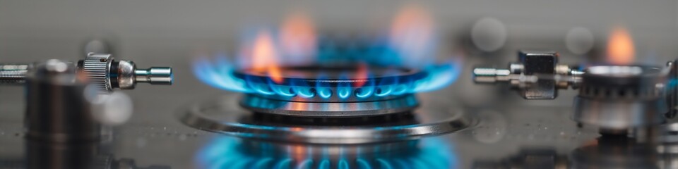 Close-up of a gas stove burner with a blue flame. Modern kitchen appliance for cooking and heating. Energy efficiency concept
