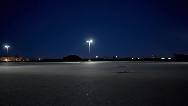 Empty parking lot at night with street lights illuminating the asphalt ground and buildings in the