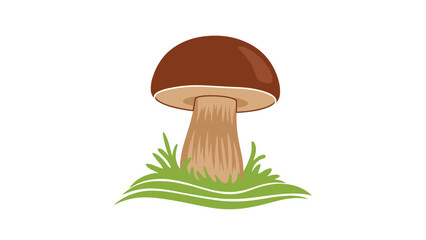 Large brown mushroom growing in a patch of green grass shown in a simple and charming nature-themed vector illustration.