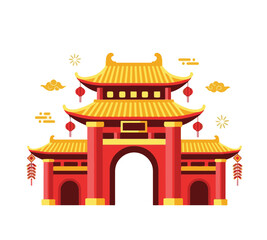 A vibrant illustration of a traditional Chinese gate with red lanterns and golden roofs, symbolizing cultural heritage and festive celebrations.