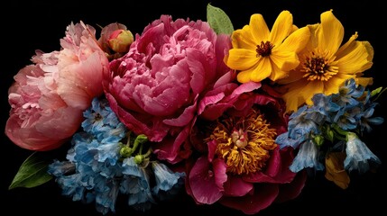 Floral Arrangement Featuring Pink and Burgundy Peonies Yellow Flowers and Blue Delphinium Blossoms on Black Background with Dew Drops