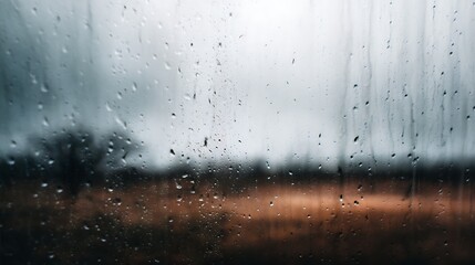 Obraz premium A close-up view of raindrops on a window, with a blurred landscape visible through the droplets, creating a moody and atmospheric scene.