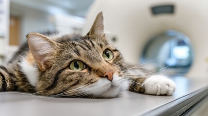 Injured paw cat on table undergoing MRI at vet clinic