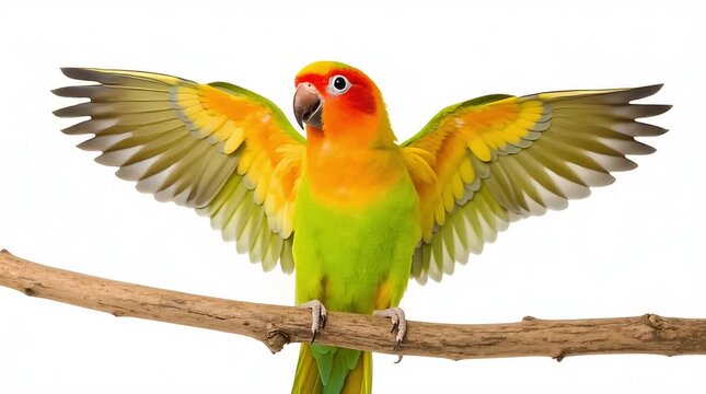 Small parrot perched on a branch, wings slightly spread, vibrant feathers, bright eyes, isolated on white background