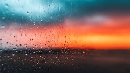 Obraz premium A colorful sunset viewed through a rain-soaked window, highlighting droplets against a vibrant sky.