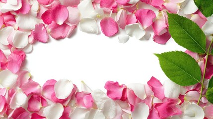 Floral Frame Of Pink And White Rose Petals With Green Leaves On White Background For Decoration Greeting Card Design Space For Text
